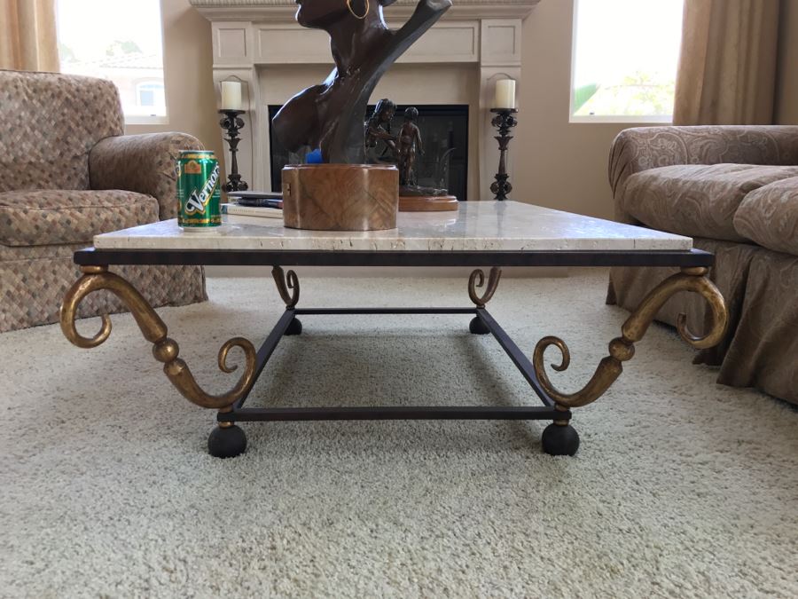 Travertine Top Coffee Table With Wrought Iron Base 54'W X 36'D X 16.5'H
