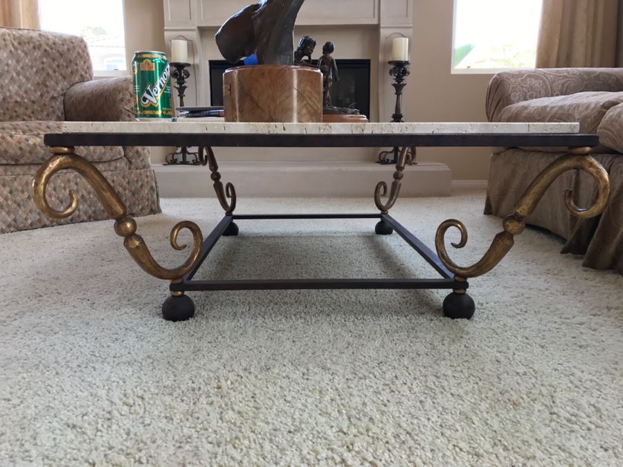 Travertine Top Coffee Table With Wrought Iron Base 54'W X 36'D X 16.5'H [Photo 8]