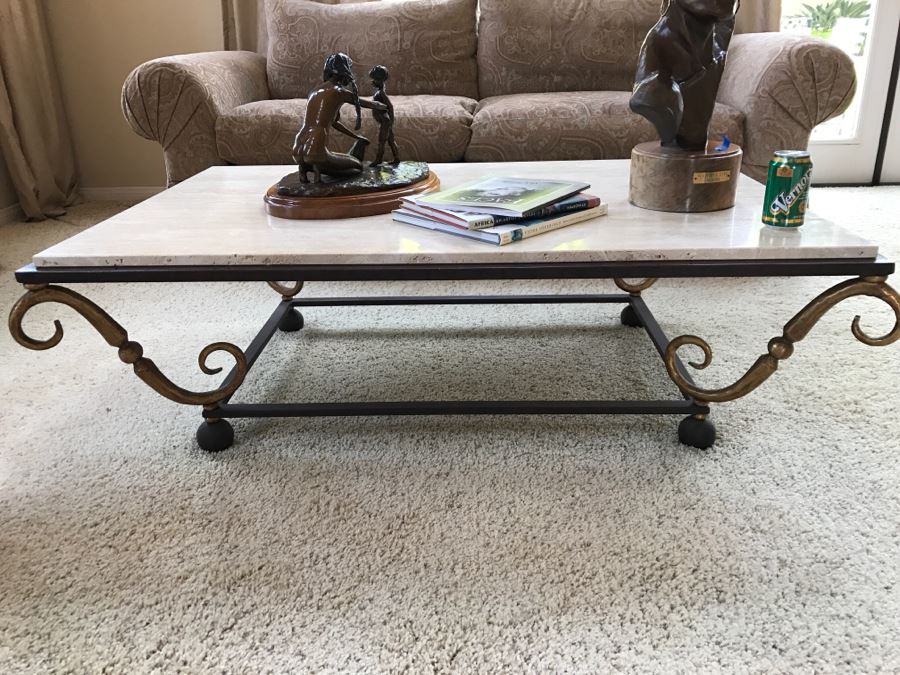 Travertine Top Coffee Table With Wrought Iron Base 54'W X 36'D X 16.5'H [Photo 1]