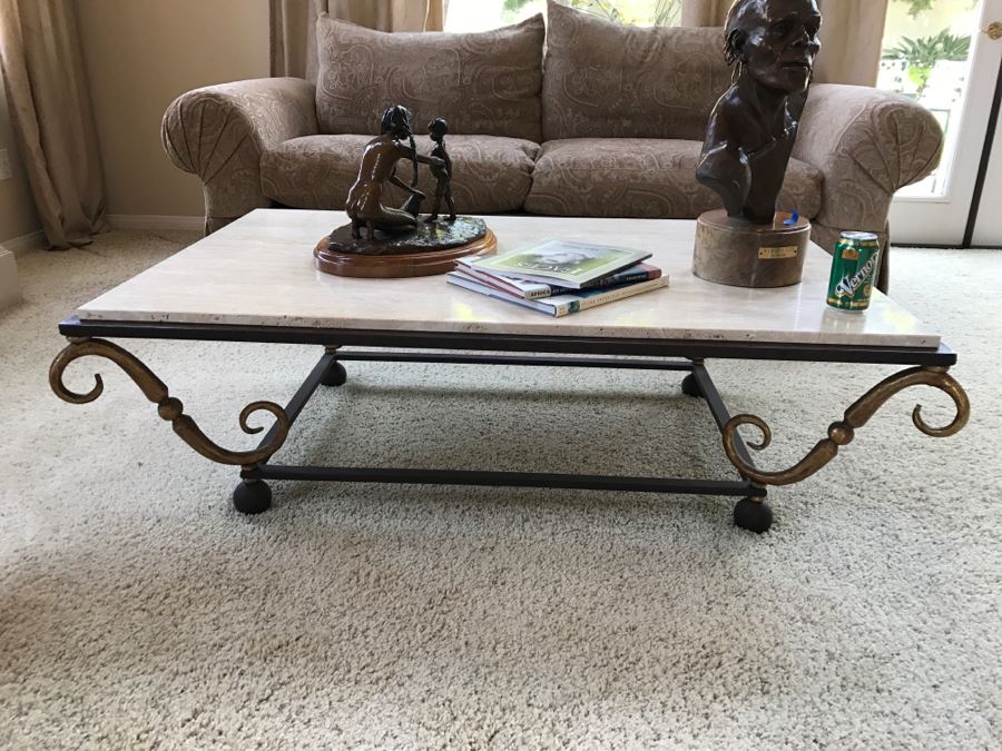 Travertine Top Coffee Table With Wrought Iron Base 54'W X 36'D X 16.5'H