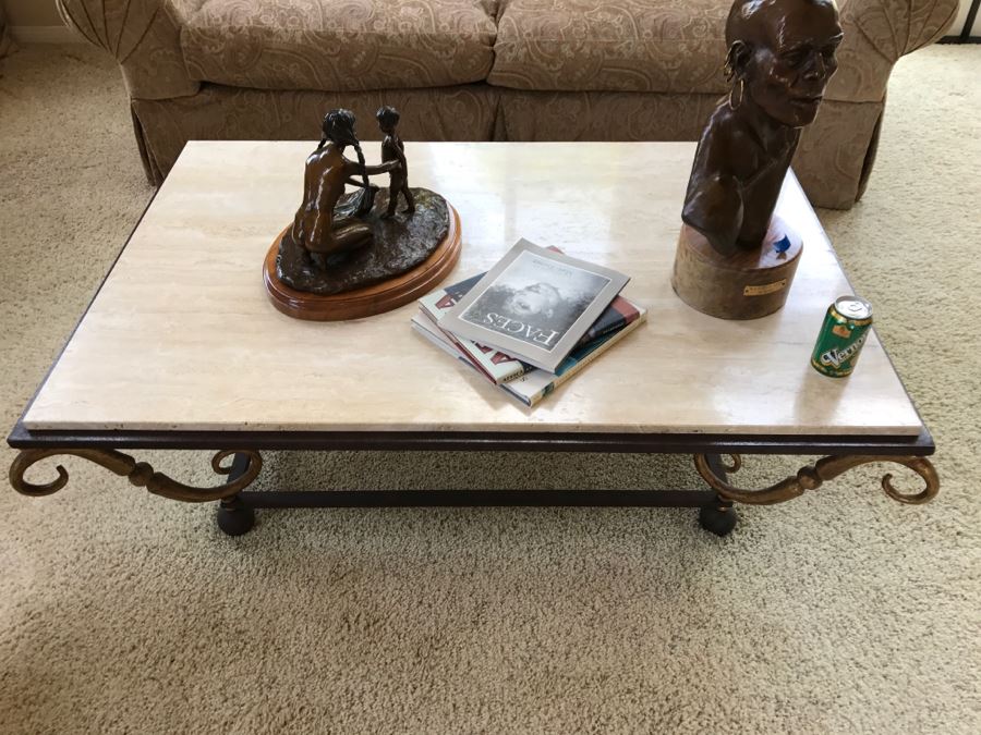 Travertine Top Coffee Table With Wrought Iron Base 54'W X 36'D X 16.5'H [Photo 2]