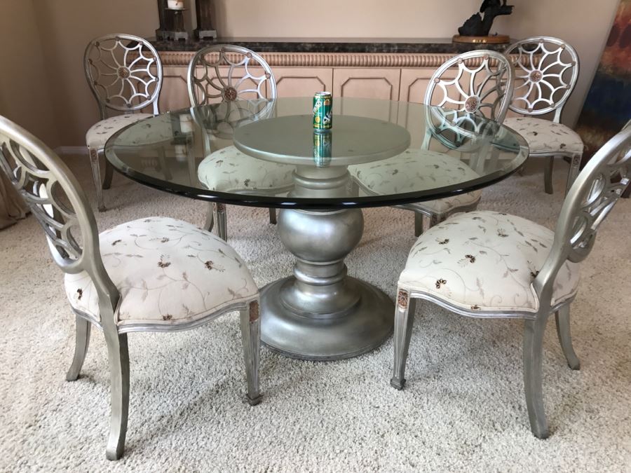 Designer Silvertone Pedestal Dining Table With (6) Elegant Dining Chairs 4' 6'R X 30'H [Photo 18]