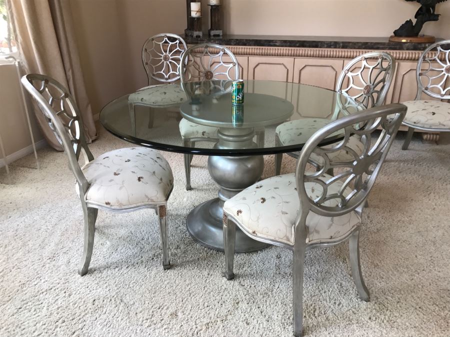 Designer Silvertone Pedestal Dining Table With (6) Elegant Dining Chairs 4' 6'R X 30'H [Photo 4]