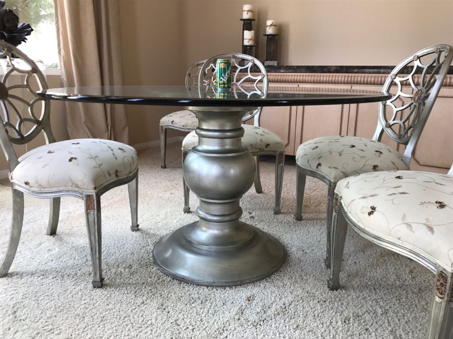 Designer Silvertone Pedestal Dining Table With (6) Elegant Dining Chairs 4' 6'R X 30'H [Photo 12]