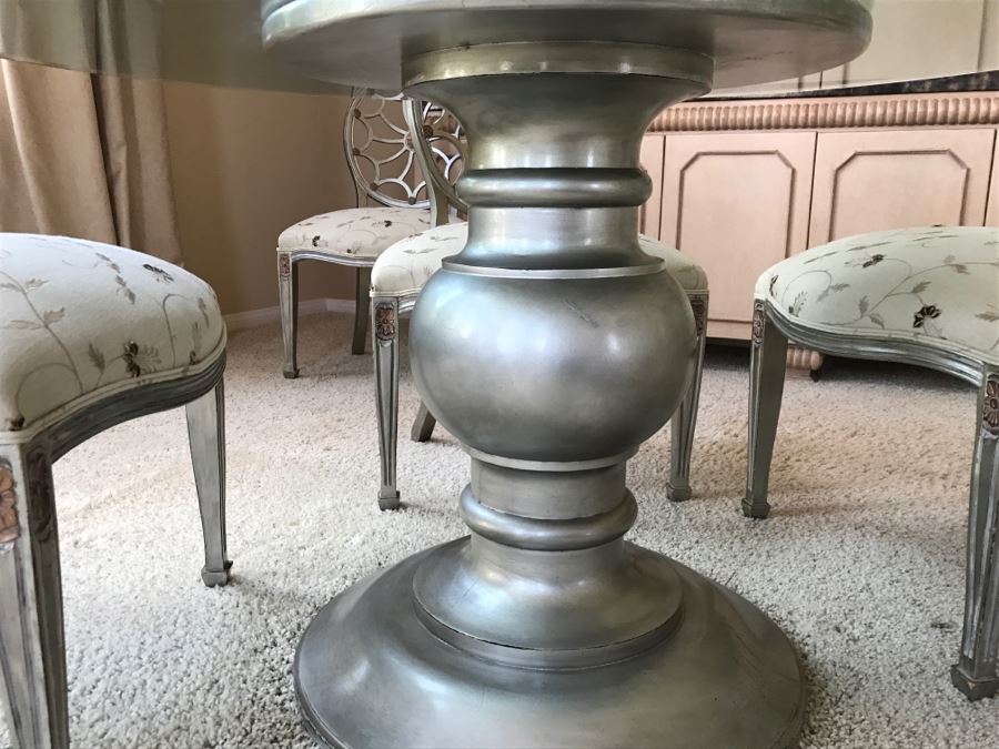 Designer Silvertone Pedestal Dining Table With (6) Elegant Dining Chairs 4' 6'R X 30'H [Photo 7]