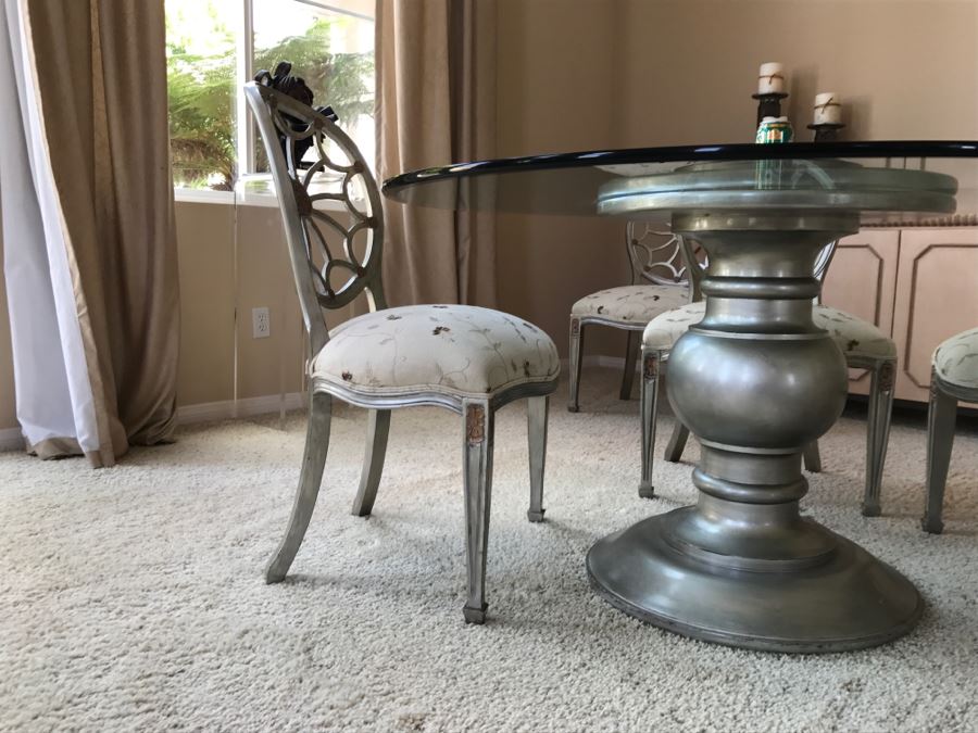 Designer Silvertone Pedestal Dining Table With (6) Elegant Dining Chairs 4' 6'R X 30'H [Photo 11]