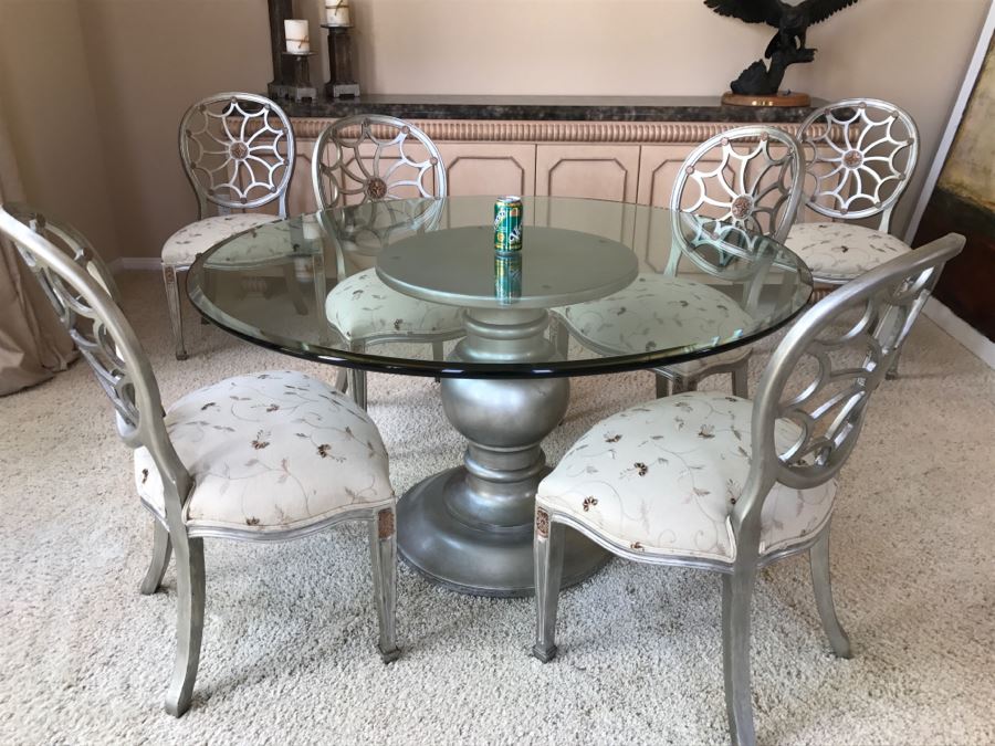 Designer Silvertone Pedestal Dining Table With (6) Elegant Dining Chairs 4' 6'R X 30'H [Photo 1]