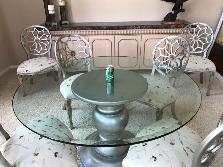 Designer Silvertone Pedestal Dining Table With (6) Elegant Dining Chairs 4' 6'R X 30'H [Photo 5]