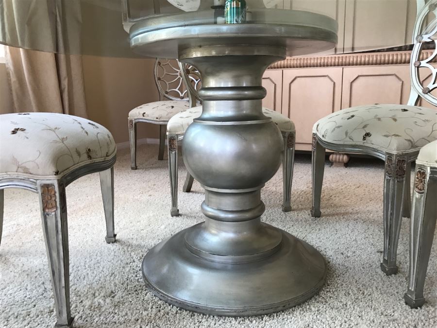 Designer Silvertone Pedestal Dining Table With (6) Elegant Dining Chairs 4' 6'R X 30'H [Photo 6]