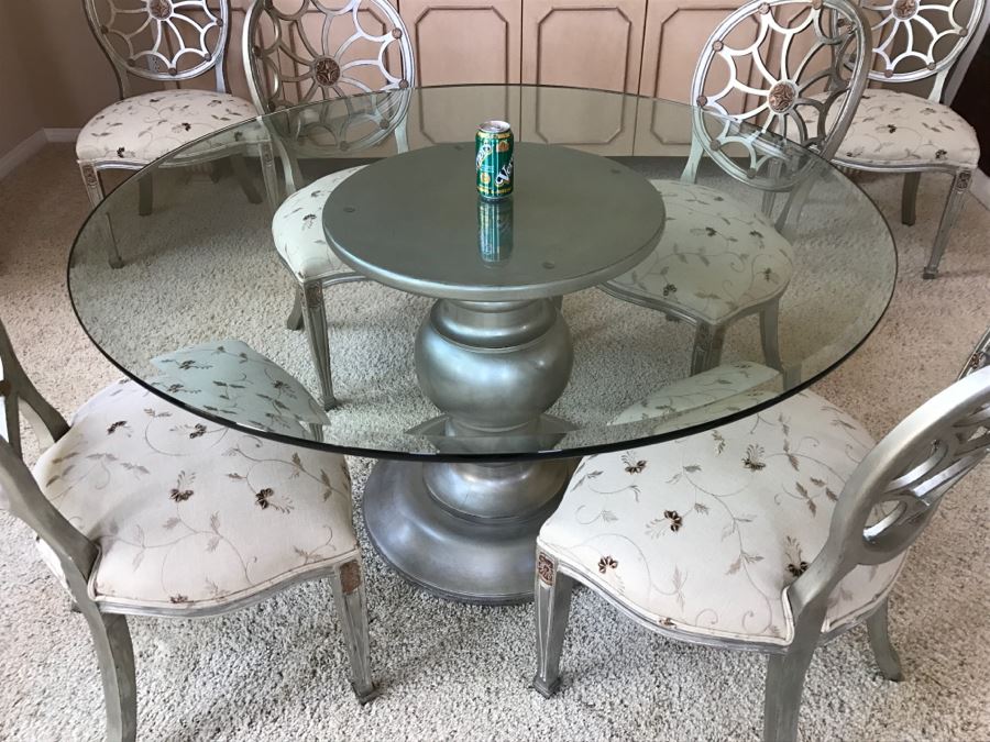 Designer Silvertone Pedestal Dining Table With (6) Elegant Dining Chairs 4' 6'R X 30'H [Photo 2]