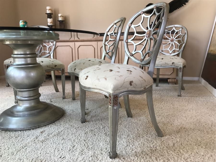 Designer Silvertone Pedestal Dining Table With (6) Elegant Dining Chairs 4' 6'R X 30'H [Photo 10]