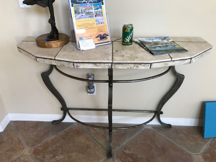 Wrought Iron Hall Console Table With Marble Piece Top 4'1' X 16'D X 32'H [Photo 1]