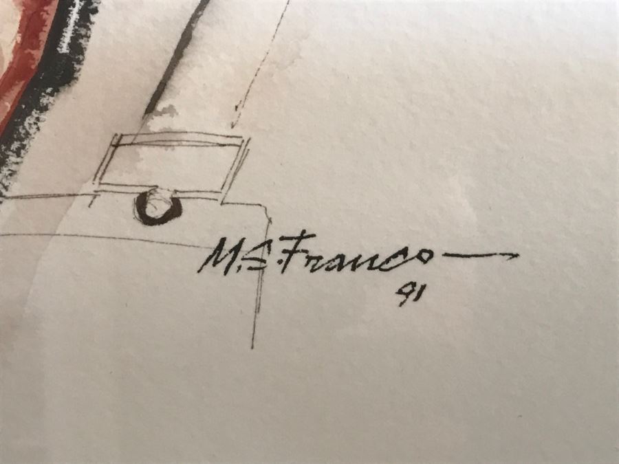 1991 Original Watercolor Painting Of Cowboy By Western Artist Manuel S. Franco (M. S. Franco) Note Damage To Bottom Of Frame [Photo 7]