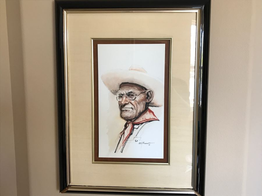 1991 Original Watercolor Painting Of Cowboy By Western Artist Manuel S. Franco (M. S. Franco) Note Damage To Bottom Of Frame