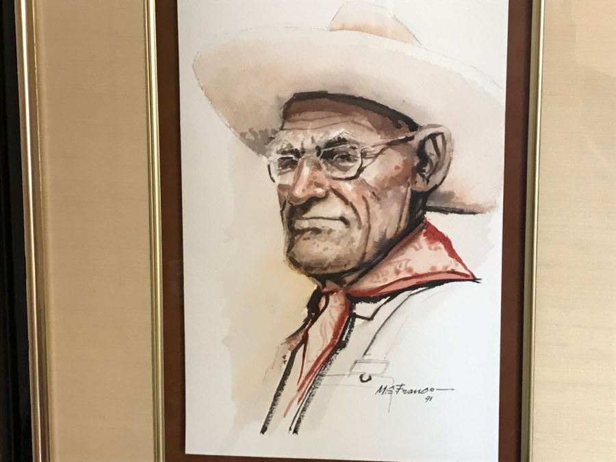 1991 Original Watercolor Painting Of Cowboy By Western Artist Manuel S. Franco (M. S. Franco) Note Damage To Bottom Of Frame [Photo 3]