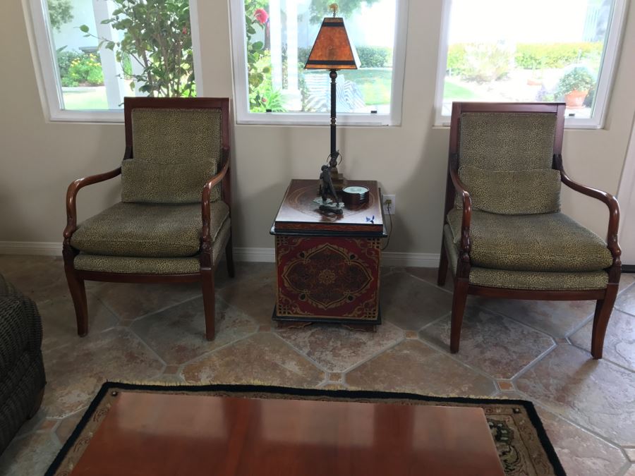 Pair Of Wooden Designer Ethan Allen Armchairs With Leopard Pattern Seat Cushions [Photo 2]