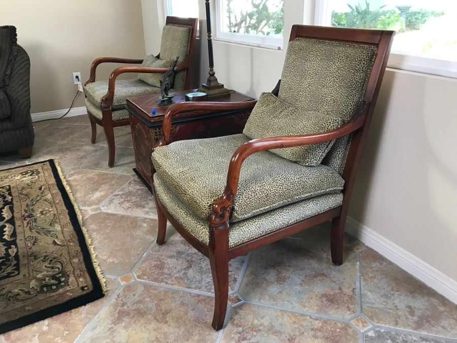 Pair Of Wooden Designer Ethan Allen Armchairs With Leopard Pattern Seat Cushions [Photo 4]