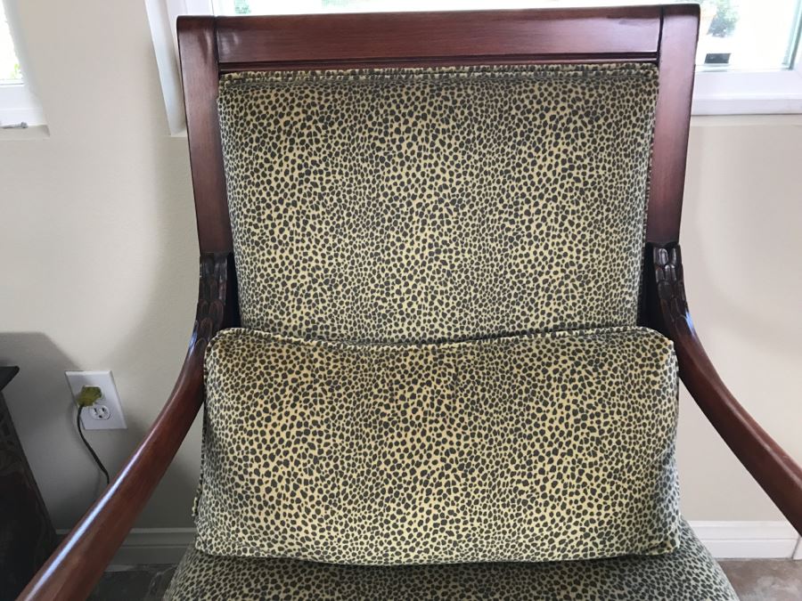 Pair Of Wooden Designer Ethan Allen Armchairs With Leopard Pattern Seat Cushions [Photo 11]