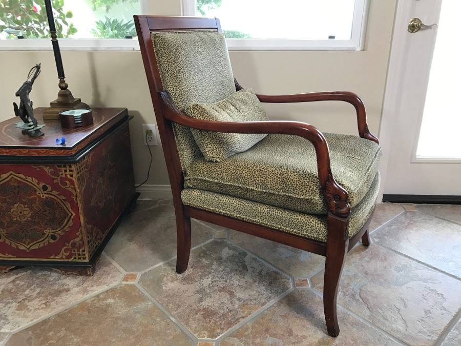 Pair Of Wooden Designer Ethan Allen Armchairs With Leopard Pattern Seat Cushions [Photo 13]