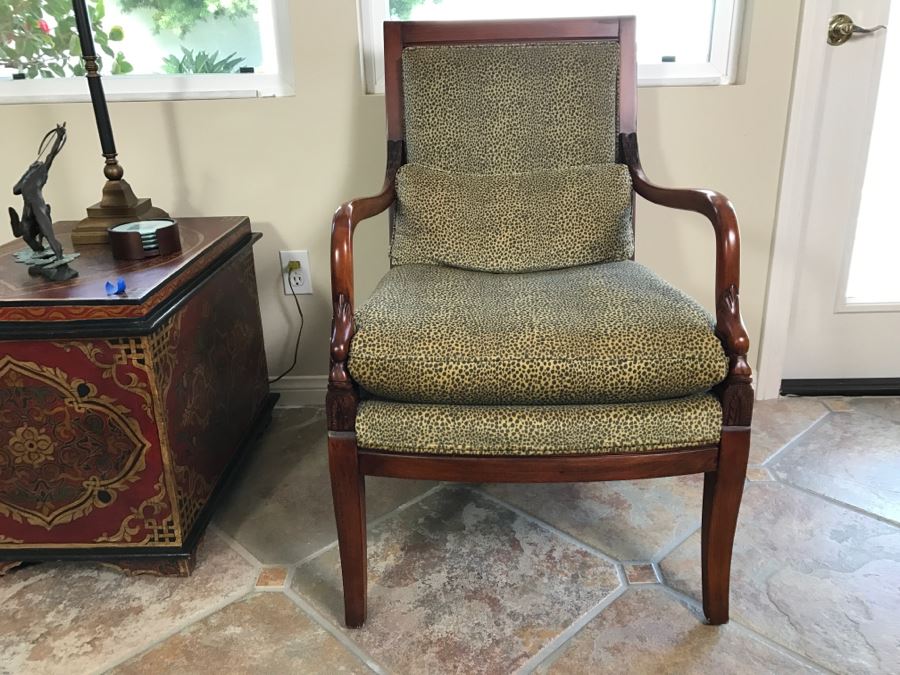 Pair Of Wooden Designer Ethan Allen Armchairs With Leopard Pattern Seat Cushions [Photo 8]