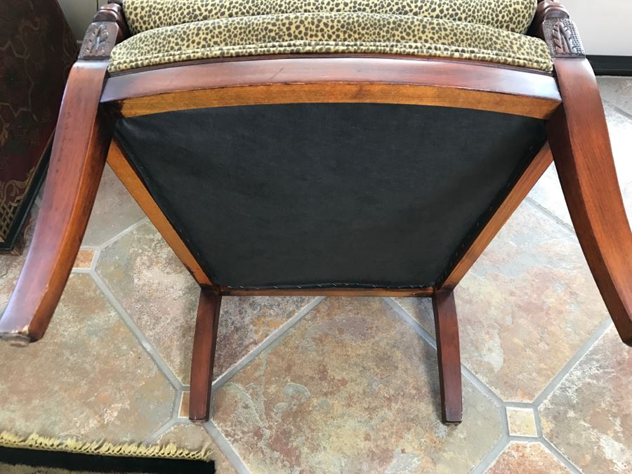 Pair Of Wooden Designer Ethan Allen Armchairs With Leopard Pattern Seat Cushions [Photo 15]