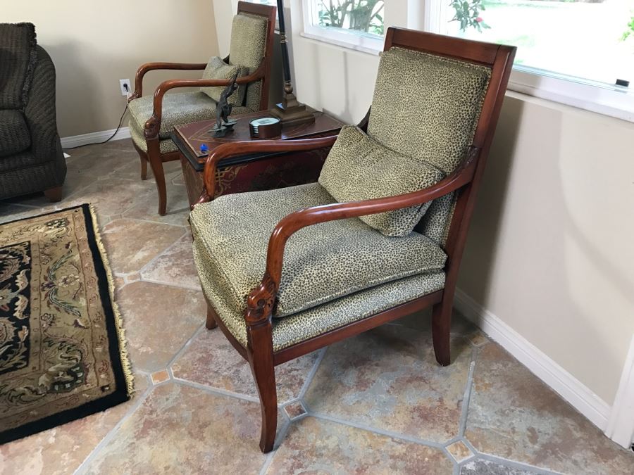 Pair Of Wooden Designer Ethan Allen Armchairs With Leopard Pattern Seat Cushions [Photo 7]
