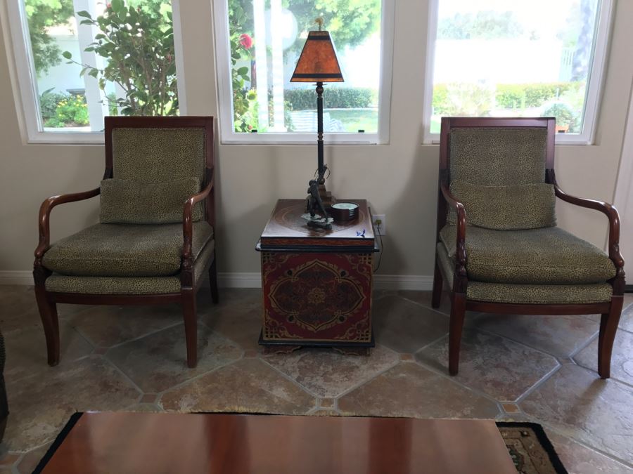 Pair Of Wooden Designer Ethan Allen Armchairs With Leopard Pattern Seat Cushions [Photo 3]