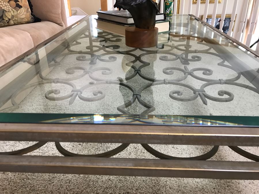 Large Wrought Iron Beveled Glass Top Coffee Table 68'W X 38'D X 18'H [Photo 7]