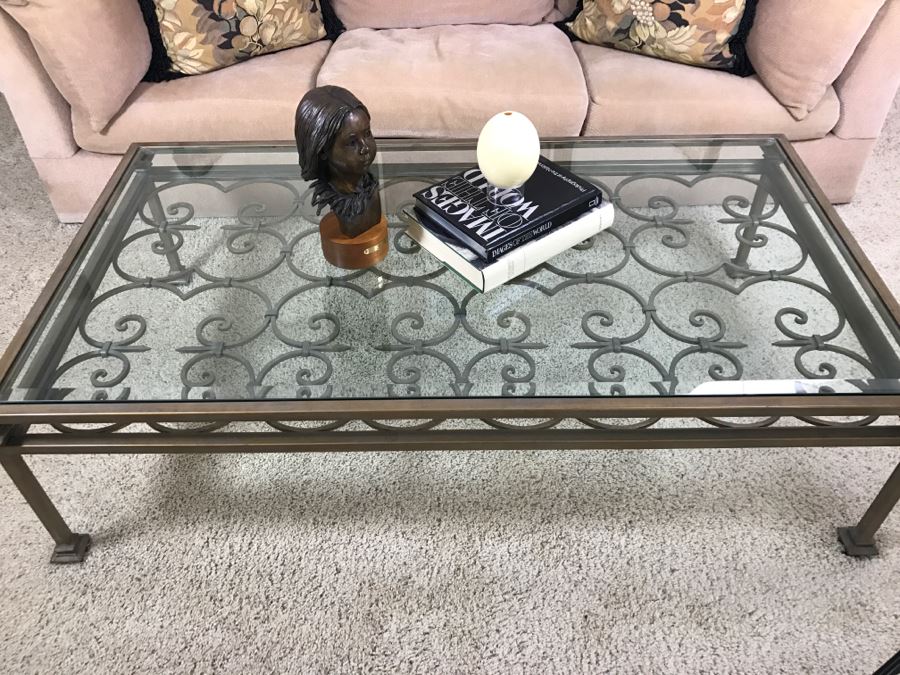 Large Wrought Iron Beveled Glass Top Coffee Table 68'W X 38'D X 18'H [Photo 1]