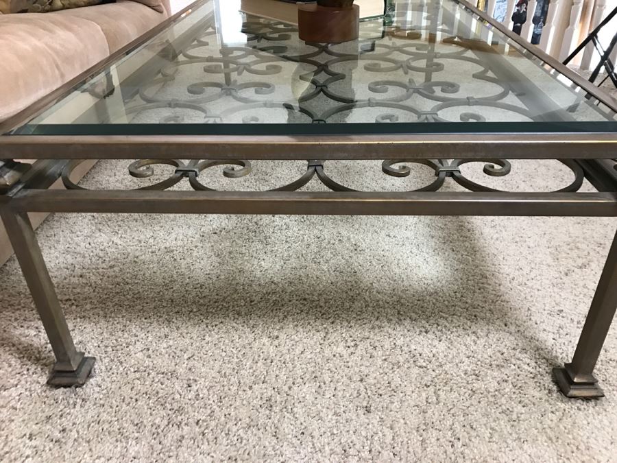 Large Wrought Iron Beveled Glass Top Coffee Table 68'W X 38'D X 18'H [Photo 6]