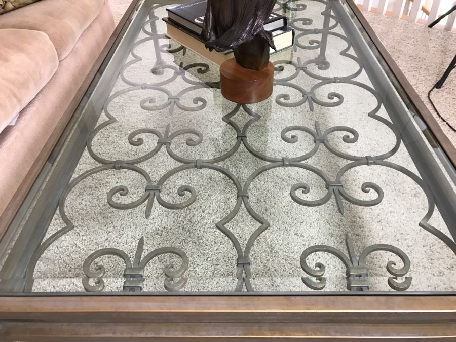 Large Wrought Iron Beveled Glass Top Coffee Table 68'W X 38'D X 18'H [Photo 8]