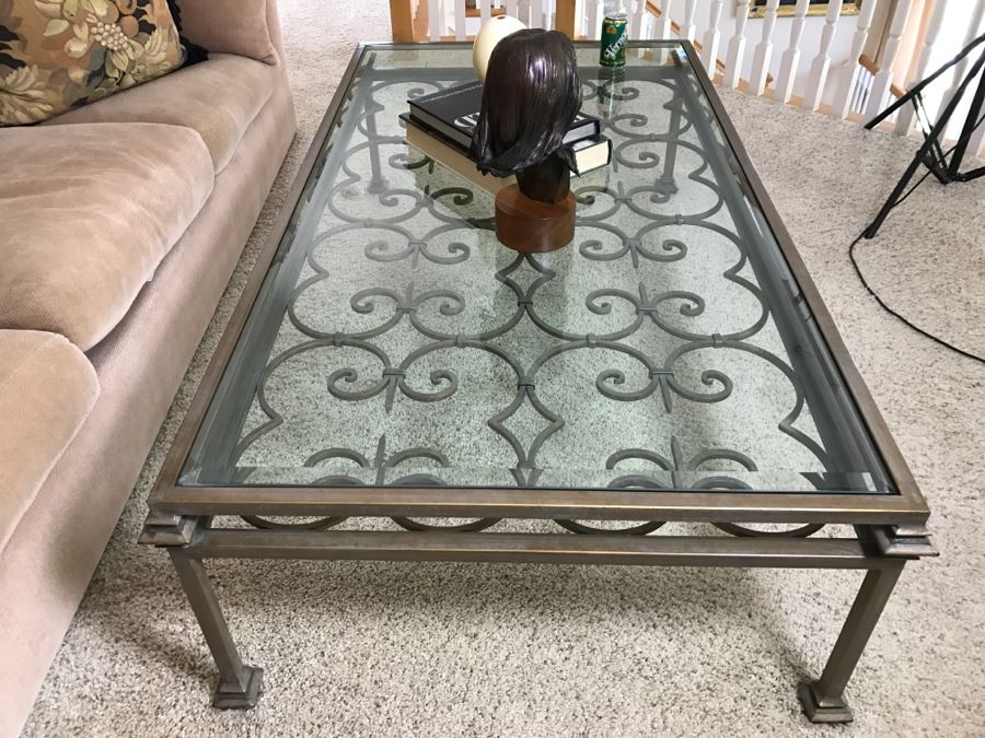 Large Wrought Iron Beveled Glass Top Coffee Table 68'W X 38'D X 18'H