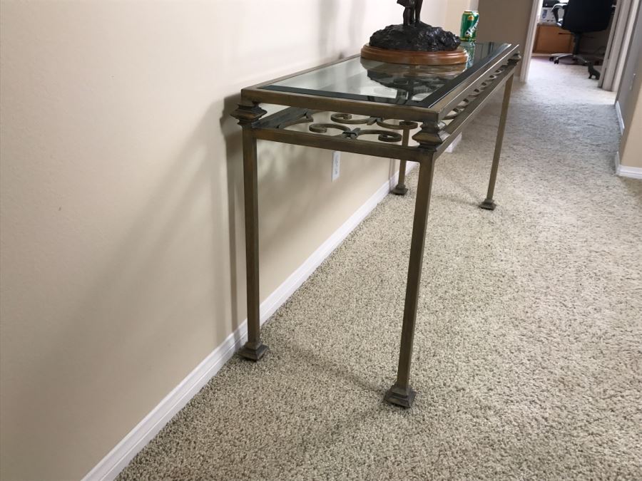 Wrought Iron Beveled Glass Top Console Table (Matches Coffee Table In This Sale) 62'W X 20'D X 30'H [Photo 5]