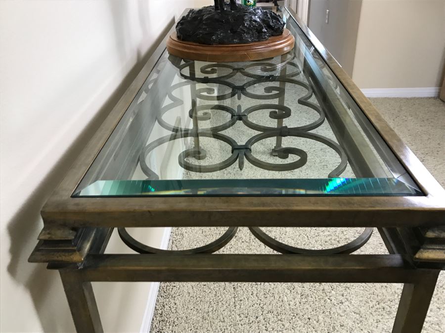 Wrought Iron Beveled Glass Top Console Table (Matches Coffee Table In This Sale) 62'W X 20'D X 30'H [Photo 7]