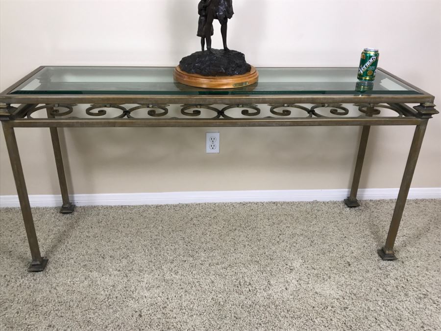 Wrought Iron Beveled Glass Top Console Table (Matches Coffee Table In This Sale) 62'W X 20'D X 30'H [Photo 1]