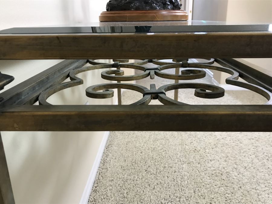 Wrought Iron Beveled Glass Top Console Table (Matches Coffee Table In This Sale) 62'W X 20'D X 30'H [Photo 8]