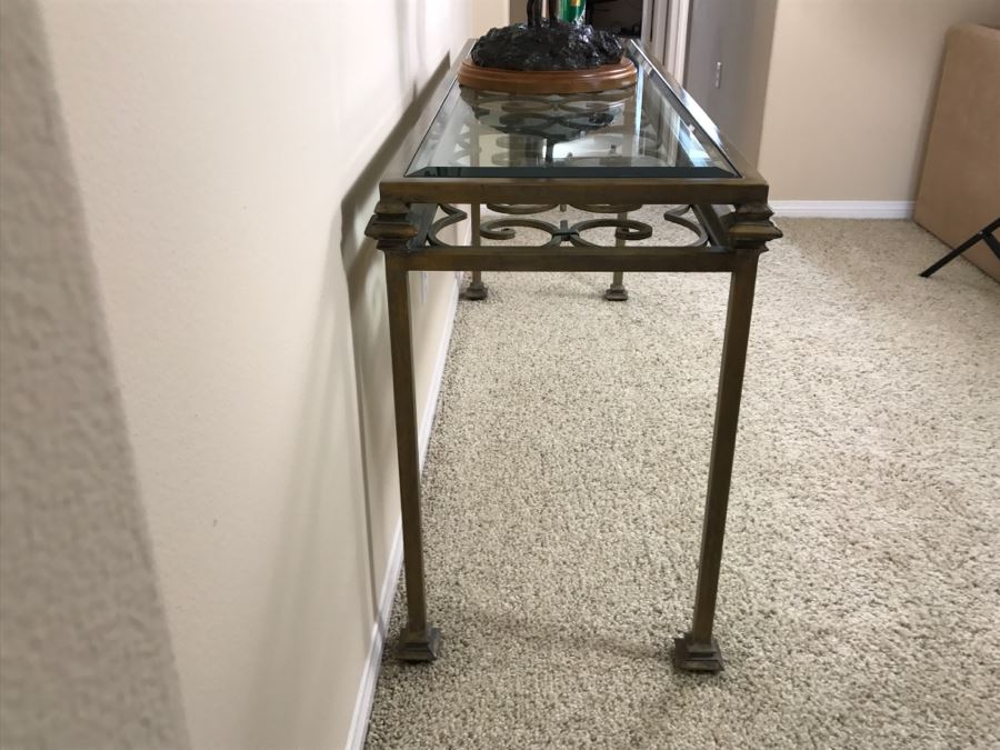 Wrought Iron Beveled Glass Top Console Table (Matches Coffee Table In This Sale) 62'W X 20'D X 30'H [Photo 6]