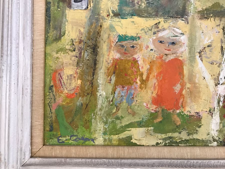 Original Modernist Mid-Century Oil Painting By Eleanor Coen (1916-2010) Titled 'White Fence' From Fairweather Hardin Gallery Chicago, Ill [Photo 9]