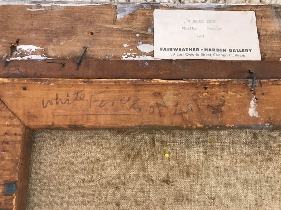 Original Modernist Mid-Century Oil Painting By Eleanor Coen (1916-2010) Titled 'White Fence' From Fairweather Hardin Gallery Chicago, Ill [Photo 18]