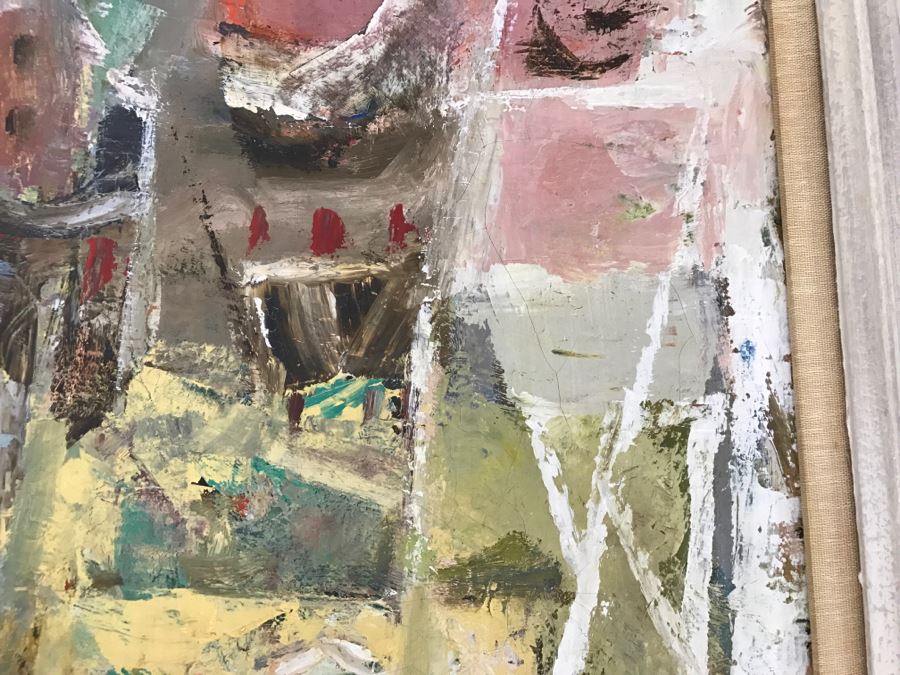 Original Modernist Mid-Century Oil Painting By Eleanor Coen (1916-2010) Titled 'White Fence' From Fairweather Hardin Gallery Chicago, Ill [Photo 8]