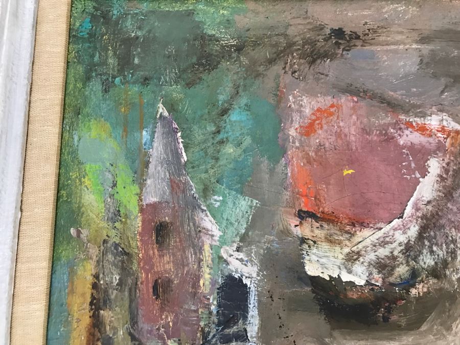 Original Modernist Mid-Century Oil Painting By Eleanor Coen (1916-2010) Titled 'White Fence' From Fairweather Hardin Gallery Chicago, Ill [Photo 6]