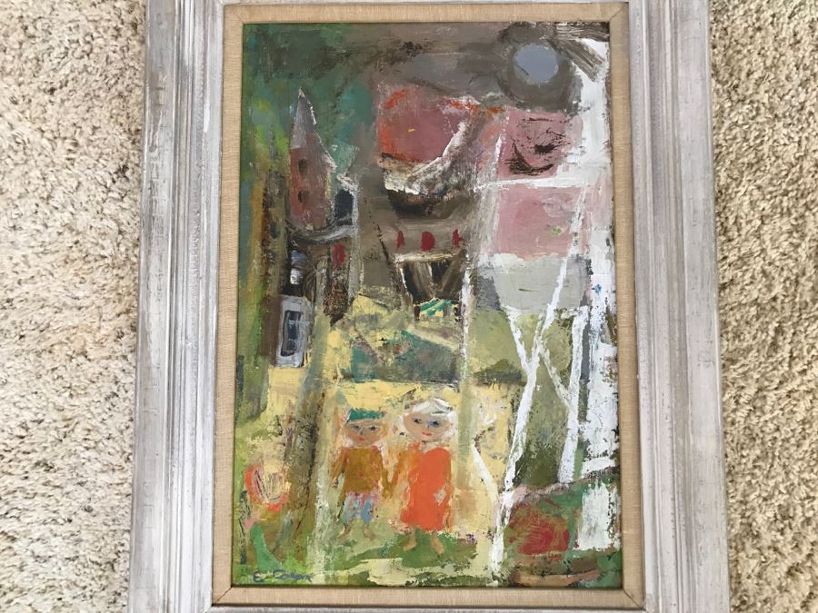 Original Modernist Mid-Century Oil Painting By Eleanor Coen (1916-2010) Titled 'White Fence' From Fairweather Hardin Gallery Chicago, Ill [Photo 2]