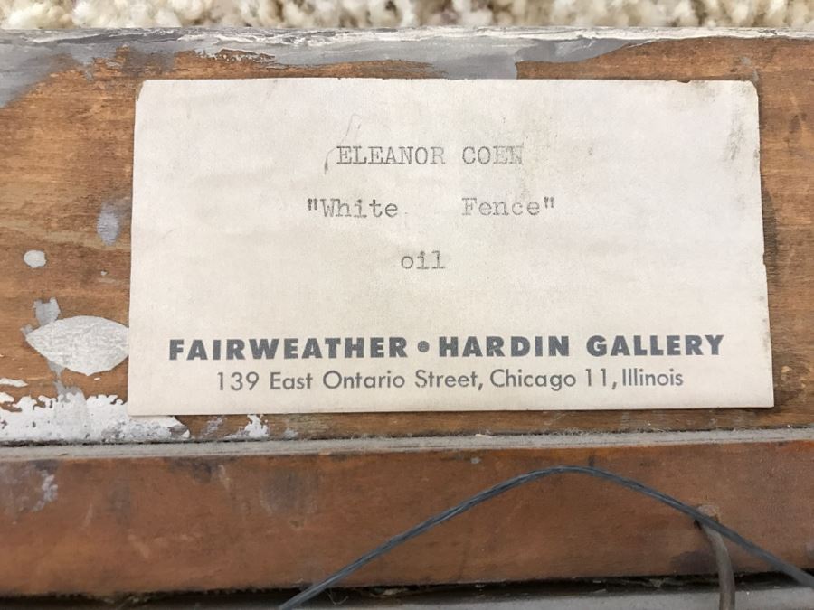Original Modernist Mid-Century Oil Painting By Eleanor Coen (1916-2010) Titled 'White Fence' From Fairweather Hardin Gallery Chicago, Ill [Photo 17]