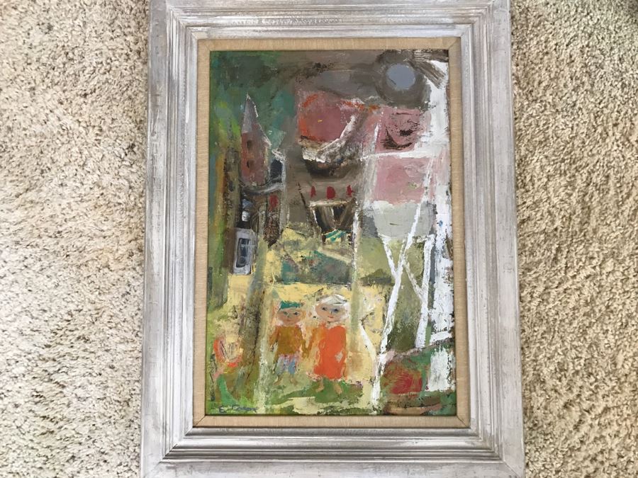 Original Modernist Mid-Century Oil Painting By Eleanor Coen (1916-2010) Titled 'White Fence' From Fairweather Hardin Gallery Chicago, Ill