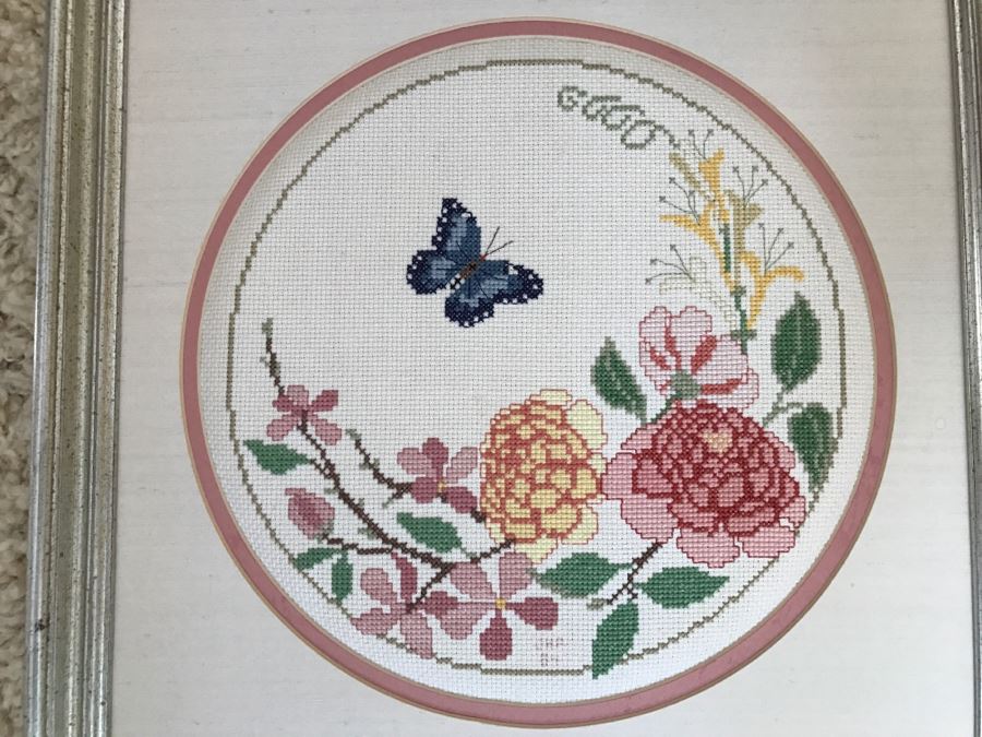 Framed Needlepoint Artwork Of Roses And Butterfly 14' X 14' [Photo 2]