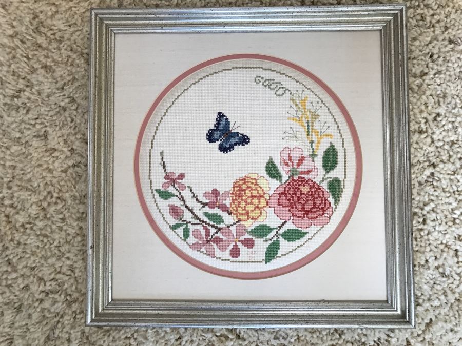 Framed Needlepoint Artwork Of Roses And Butterfly 14' X 14' [Photo 1]