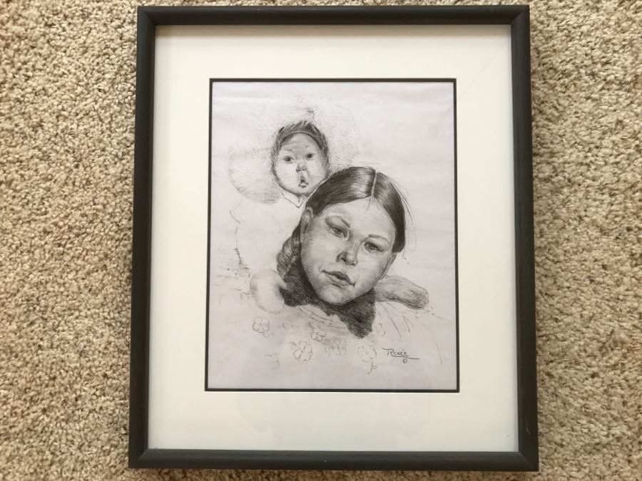 Original Charcoal Drawing Of Native American Woman With Child By Artist Renée (Renée Shared A Studio In Los Angeles With Max Turner)