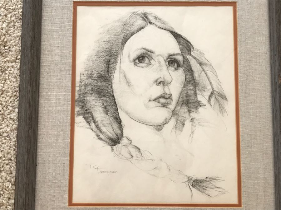Original Charcoal Drawing Of Woman Titled 'Indian Maiden' By Artist Renée Thompson (Renée Shared A Studio In Los Angeles With Max Turner) 15 1/4 X 12 1/4 [Photo 1]