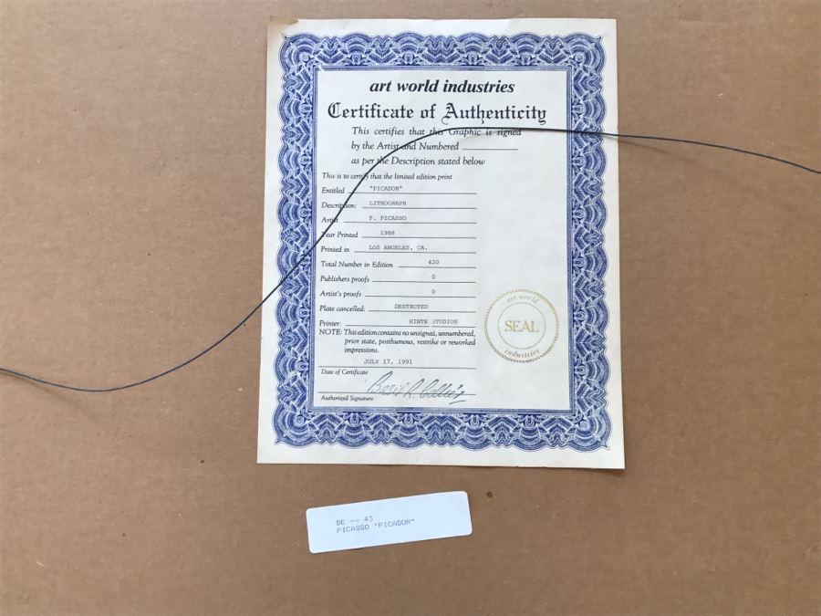 1988 Pablo Picasso Limited Edition Lithograph Print Titled 'Picador' 367 Of 420 29' X 35' [Photo 11]