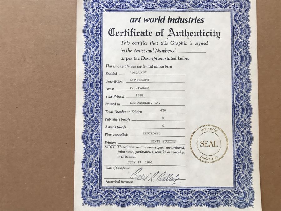 1988 Pablo Picasso Limited Edition Lithograph Print Titled 'Picador' 367 Of 420 29' X 35' [Photo 12]